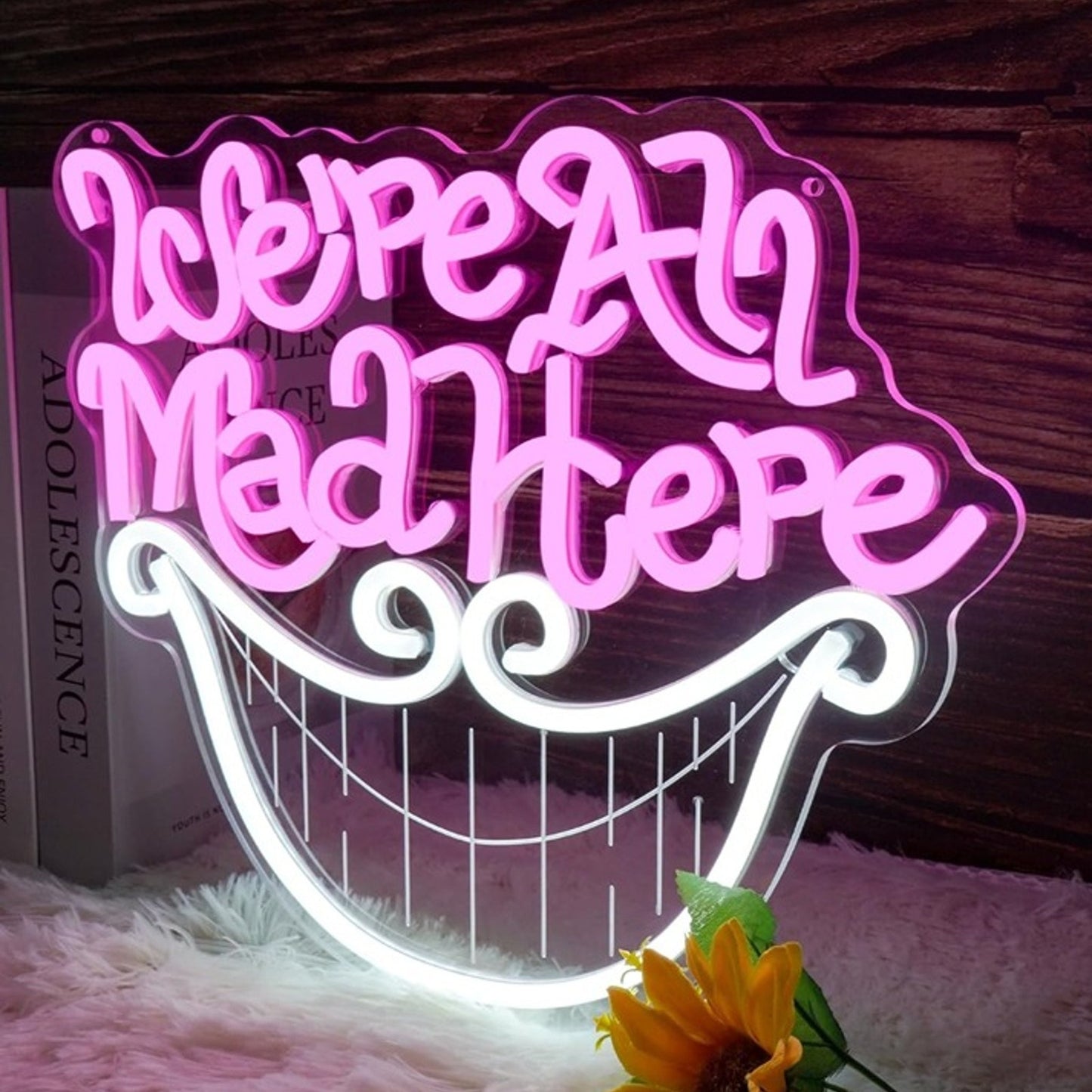 Fun Bright Pink “ We’re All Mad Here” Cheshire Kitty Cat Smile LED Light Decor