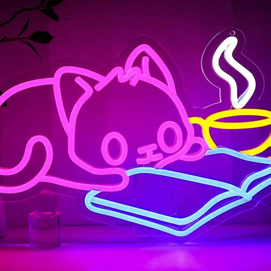 Fun Bright Pink Cute Baby Kitty Cat Reading a Book LED Night Light Room Wall Dec