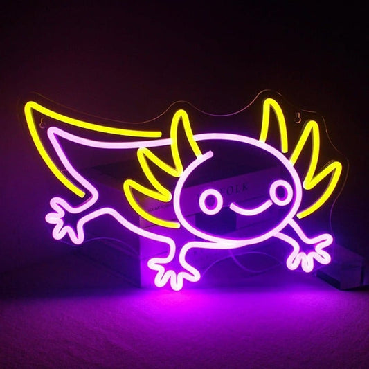 Adorable Bright Purple/Yellow Happy Axolotl Salamander LED Light Room Wall Decor