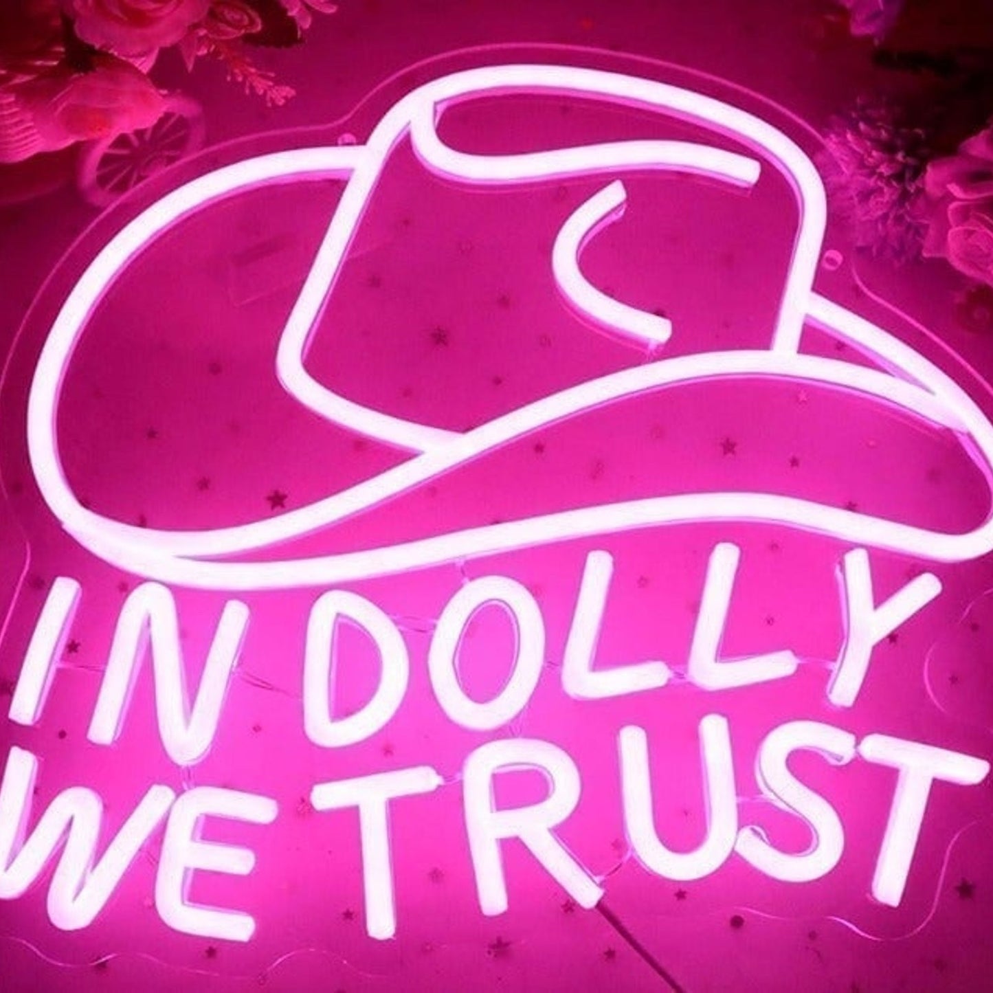 Fun Bright Pink “In Dolly We Trust” Cow Girl Hat LED Light Country Decor