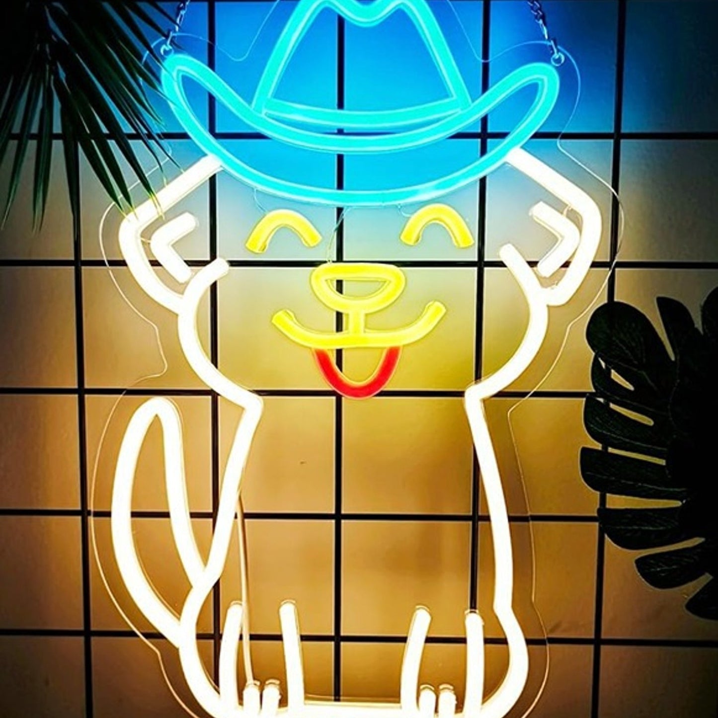 Fun Bright Cute Puppy Dog with Blue Cowboy Hat LED Night Light Room Wall Decor