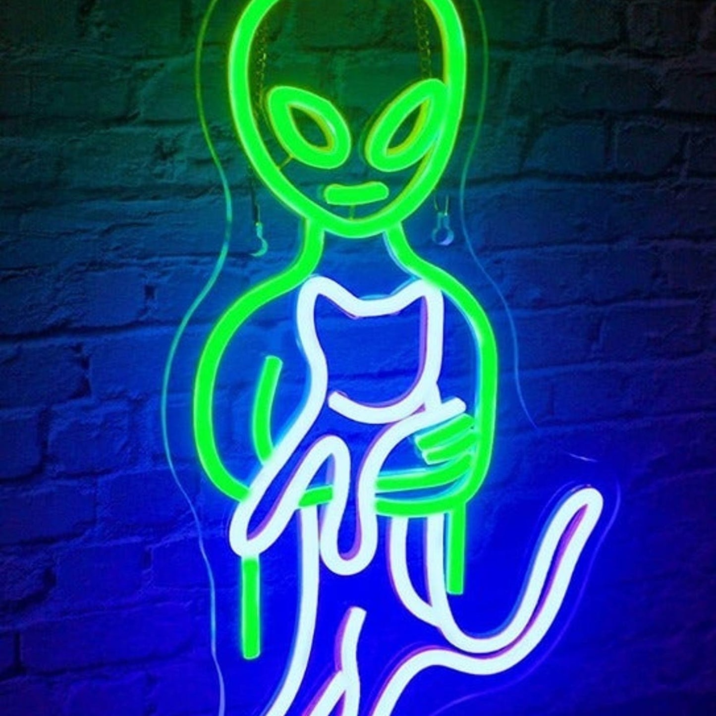 Fun Bright Alien Holding a Cat LED Night Light Room Wall Decor