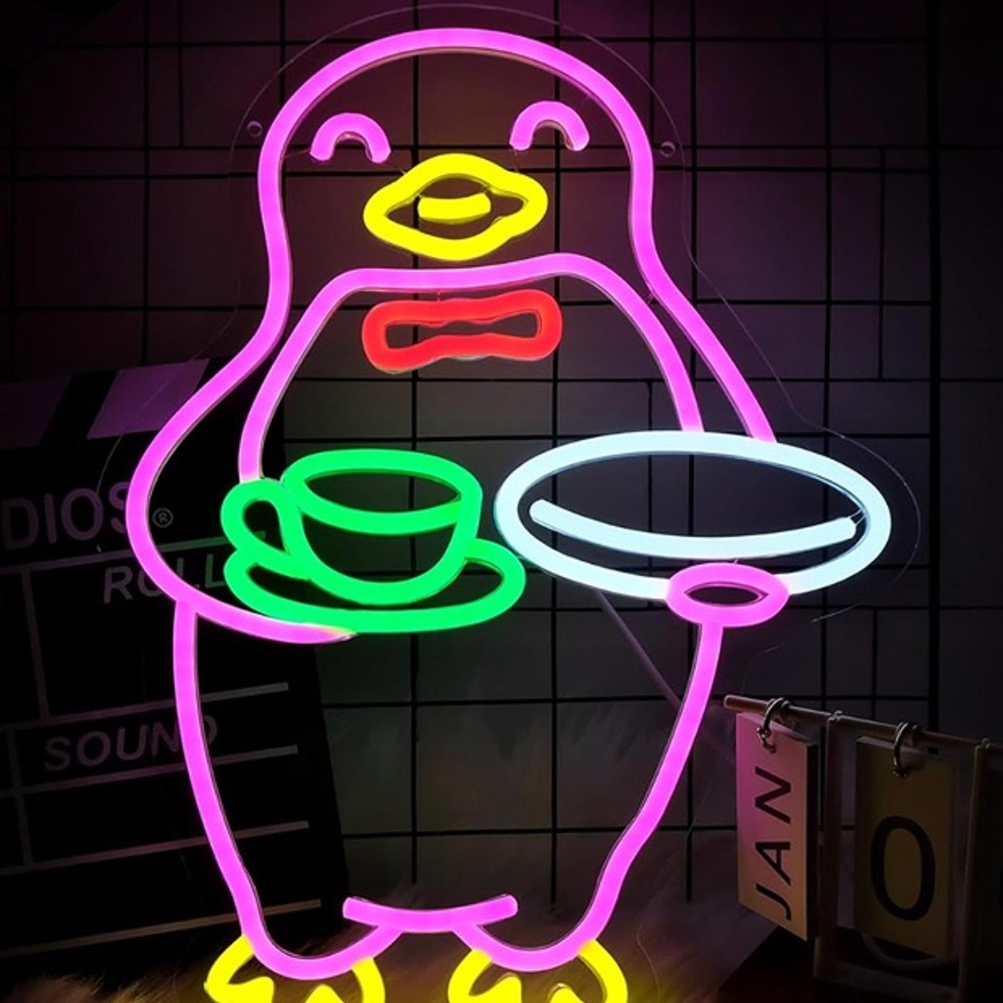 Fun Bright Pink Waiter / Waitress Penguin LED Night Light Room Wall Decoration
