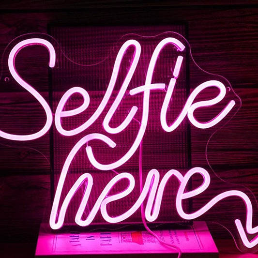 Lovely Bright Pink “Selfie Here” LED Night Light Room Wall Decoration