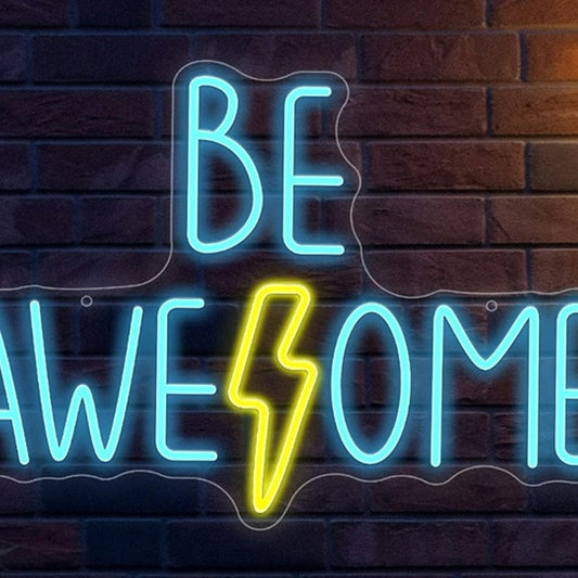 Vivid Bright Blue “Be Awesome” Lightning Bolt LEDD Night Light Room Wall Decor