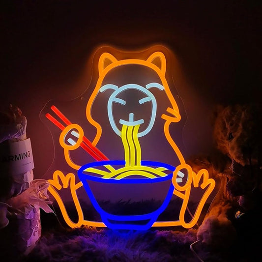 Fun Bright Capybara Eating Bowl of Ramen Noodles LED Night Light Room Wall Decor