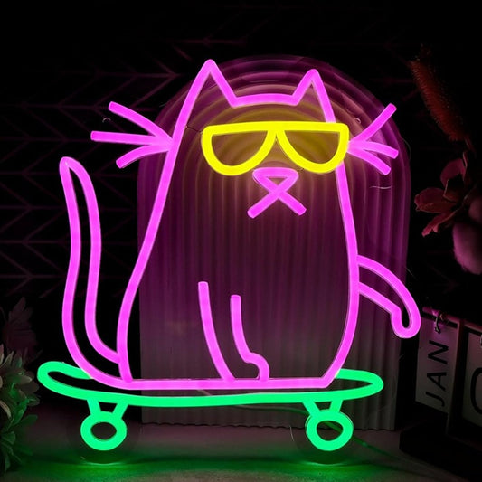 Fun Bright Cool Fat Kitty Cat Riding a Skateboard LED Light Room Wall Decor