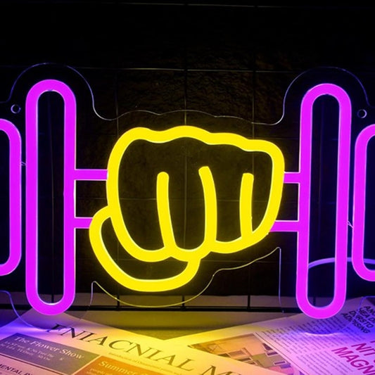 Fun Bright Pink Dumbbell in Hand Fitness LED Light Gym Exercise Wall Decor