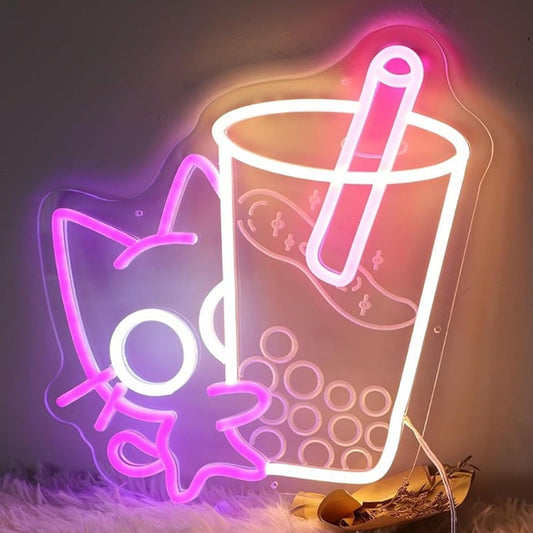 Fun Bright Purple Baby Kitty Cat w/ Large Boba Tea LED Night Light Room Wall Dec