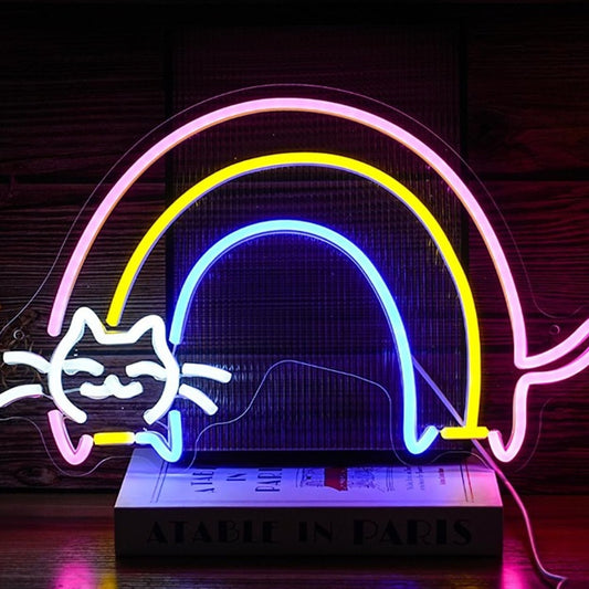 Fun Bright Long Rainbow Kitty Cat LED Night Light Room Wall Decoration