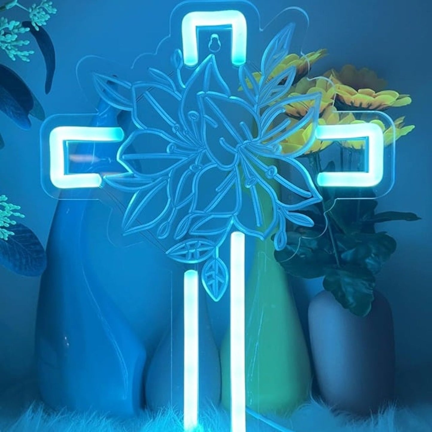 Vivid Bright Blue Cross and Flowers LED Night Light Room Wall Decoration