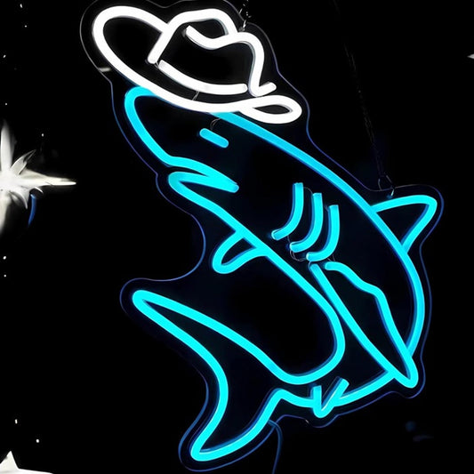 Fun Bright Shark in Cowboy Hat LED Night Light Room Wall Decoration