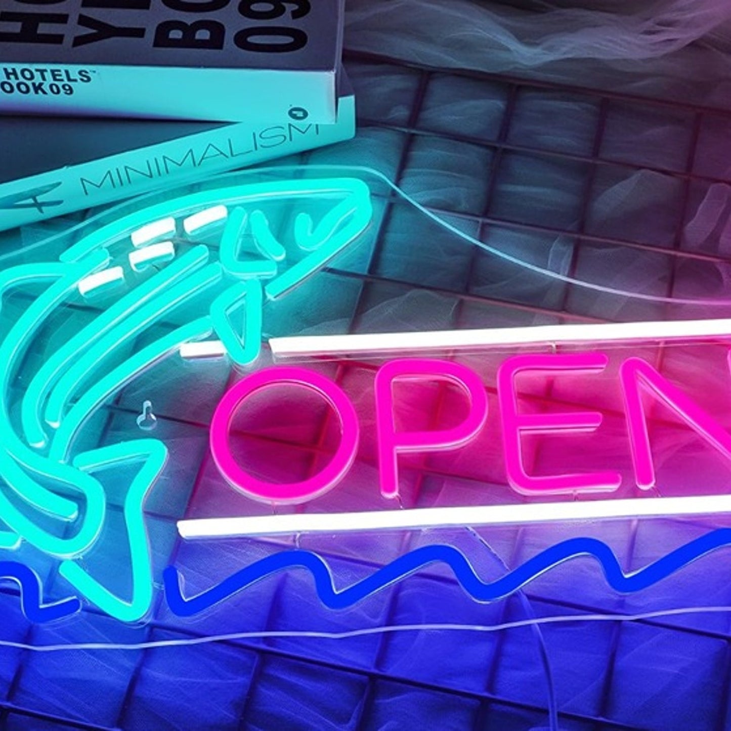 Vivid Bright Colorful “Open” Fish Sign LED Light Business Wall Window Decor