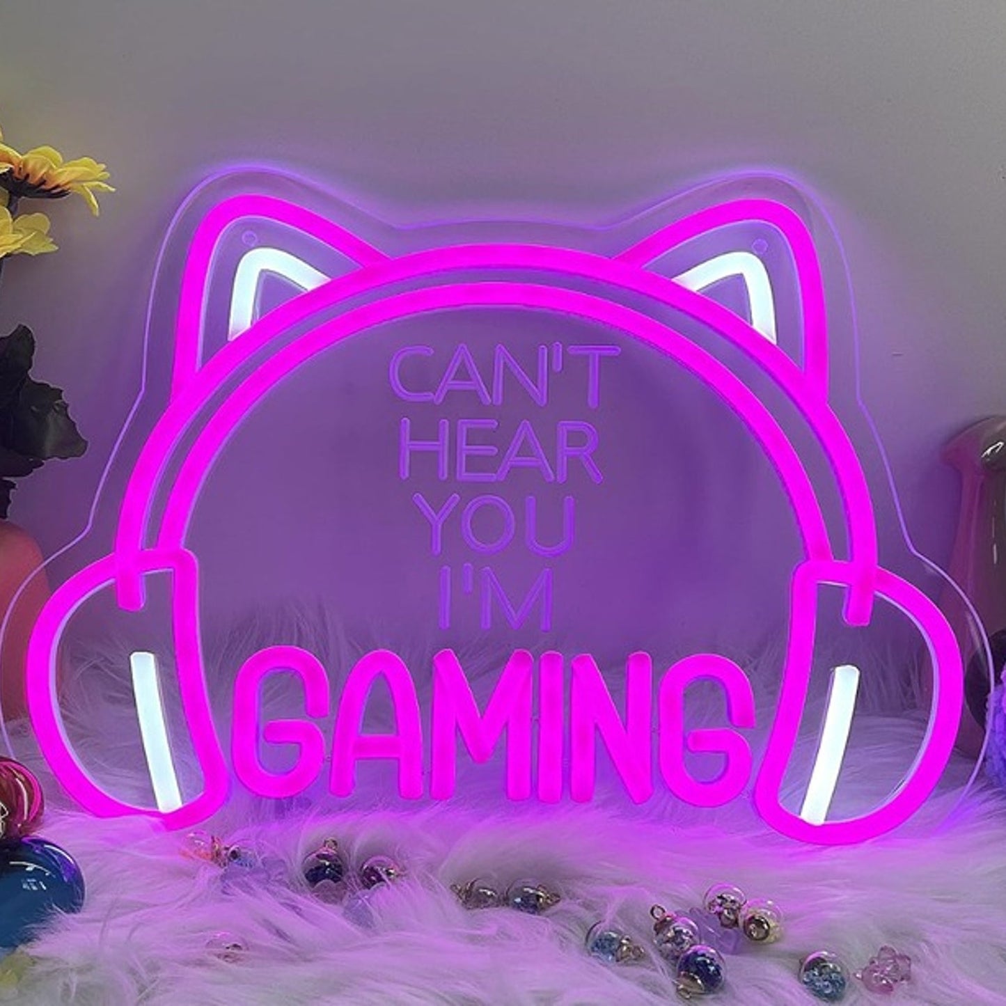 Fun Bright Pink “I Can’t Hear You I’m Gaming” Cat Ear Headphones LED Light Decor