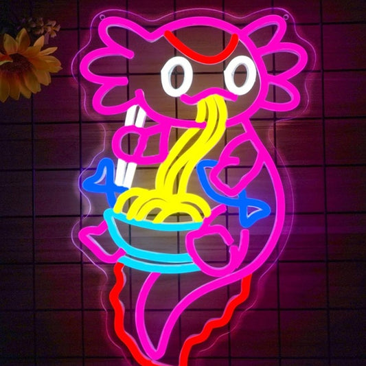 Fun Bright Cute Pink Axolotl Salamander Eating Ramen Noodles Light Wall Decor