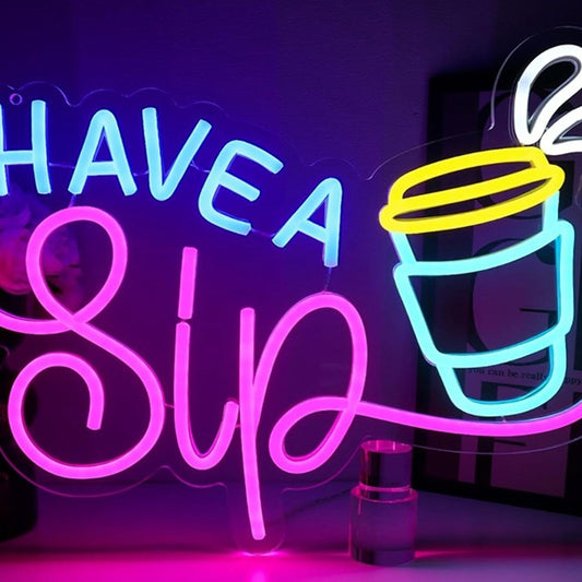 Lovely Bright Pink / Blue “Have a Sip” Coffee LED Night Light Room Wall Decor