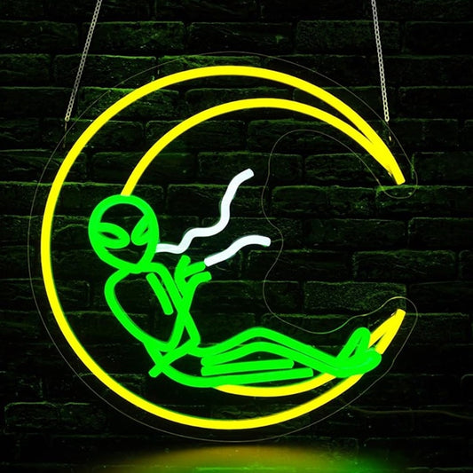 Fun Bright Green Alien Sitting on a Crescent Moon Night Light Room Wall Decor