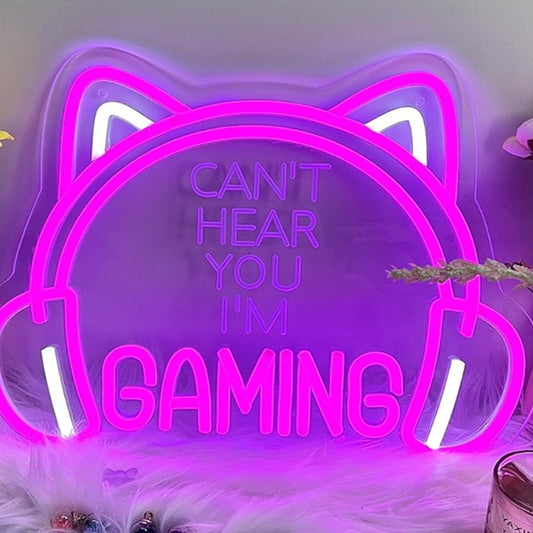 Fun Bright Pink “I Can’t Hear You I’m Gaming” Cat Ear Headphones LED Light Decor