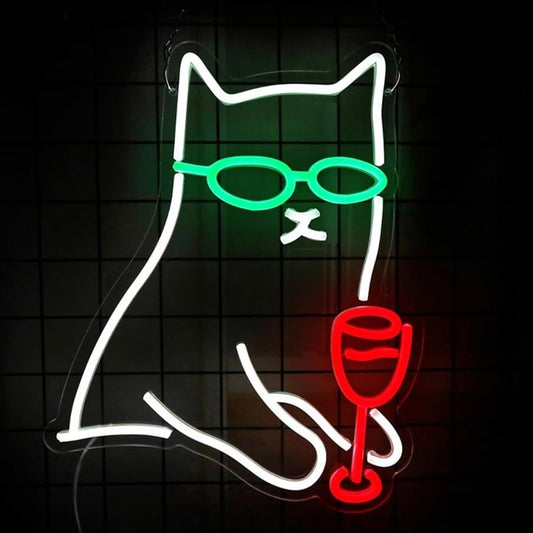 Fun Bright White Kitty Cat in Sunglasses Drinking Wine LED Night Light Room Wall