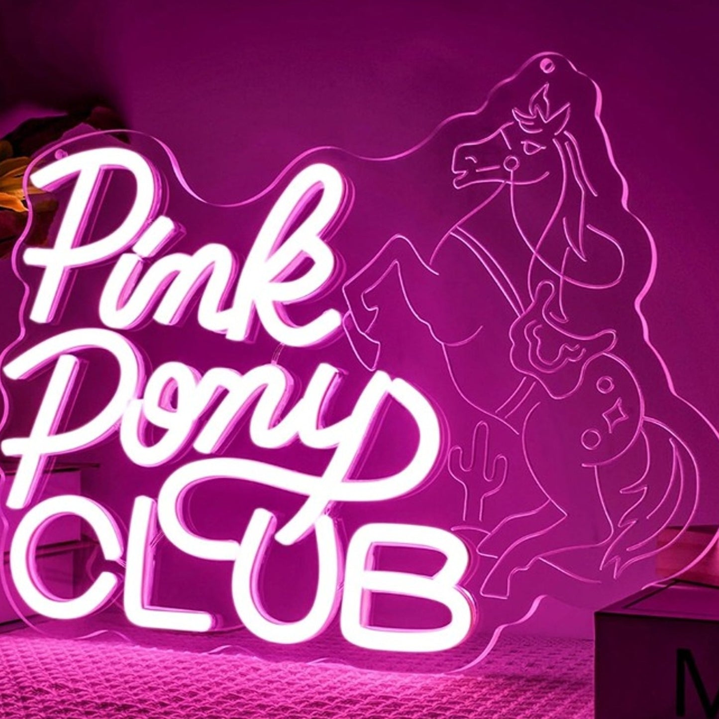 Fun Bright Pink “Pink Pony Club” LED Night Light Room Wall Decoration