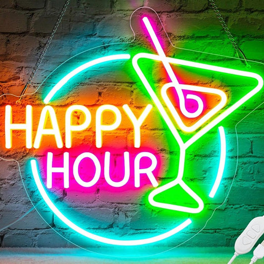 Lovely Bright Colorful “Happy Hour” Cocktail LED Night Light Bar Room Wall Decor