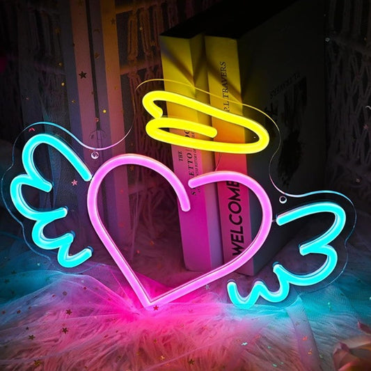 Adorable Bright Pink Blue Wing Angel Heart w/Halo LED Night Light Room Wall Dec
