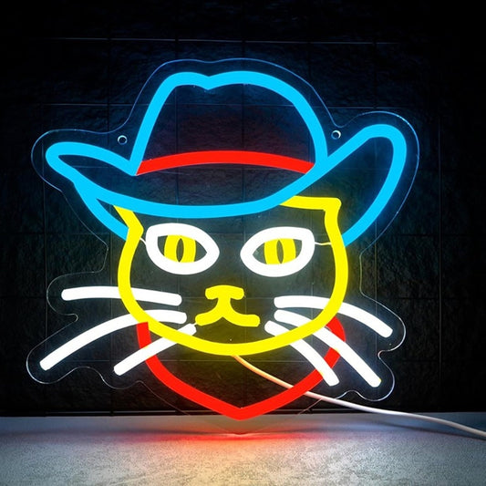 Fun Bright Yellow Cowboy Cat in Blue Hat LED Night Light Room Wall Decoration