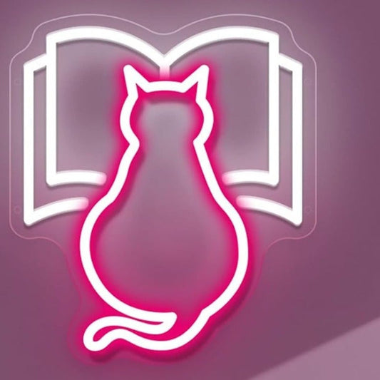 Cute Bright Pink Kitty Cat Reading a Book LED Night Light Room Wall Decor
