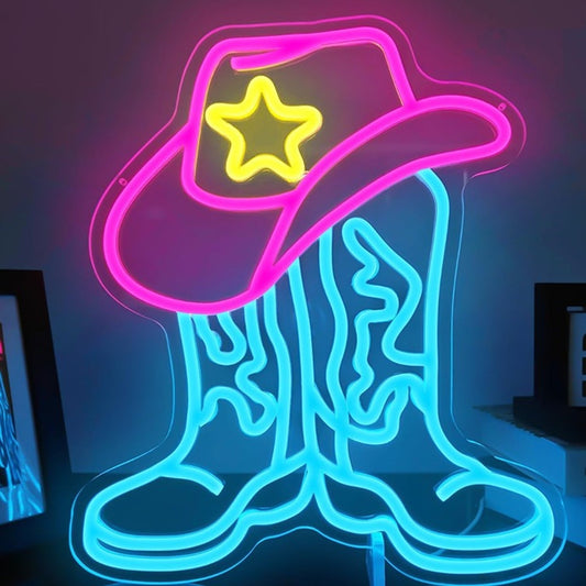 Fun Bright Pink Cowgirl Hat with Gold Star & Blue Boots LED Night Light