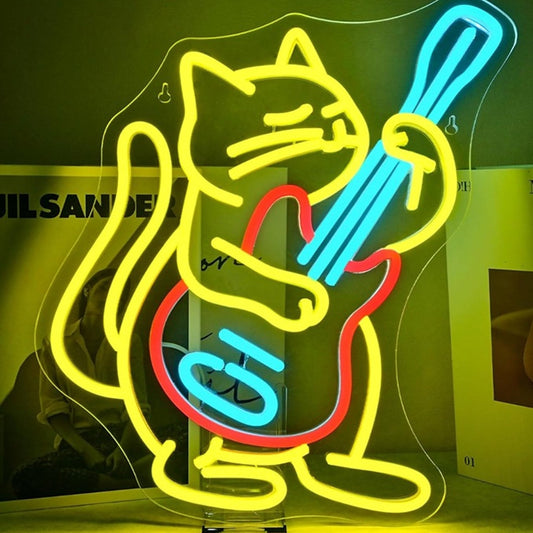 Fun Bright Yellow Kitty Cat Playing Guitar LED Night Light Room Wall Decoration