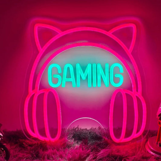 Fun Bright Pink Kitty Cat Ears Headphones “Gaming” LED Light Room Wall Decor