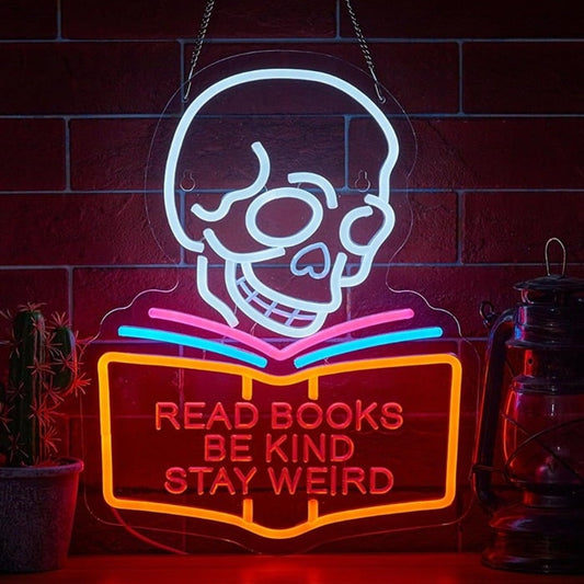 Fun Bright Skeleton Skull “Read Books, Be Kind, Stay Weird” LED Light Room Wall