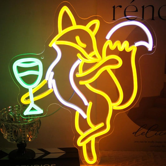 Fun Bright Yellow Fox Drinking Wine LED Night Light Room Wall Decoration