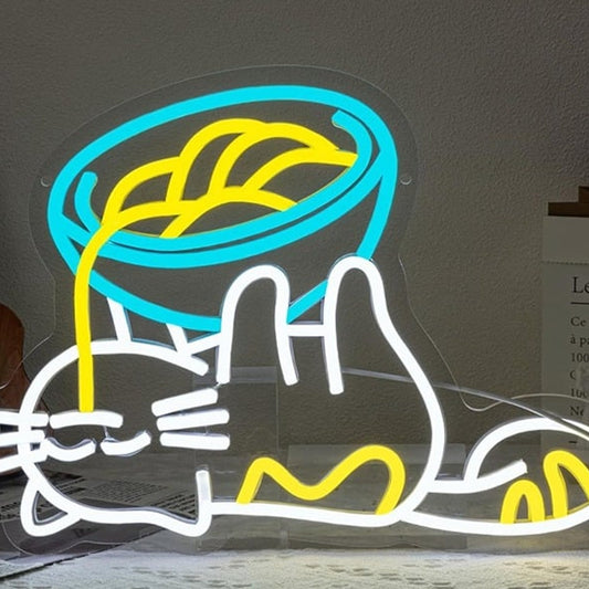 Fun Bright Cute Kitty Cat Sipping Ramen Noodles from Bowl Upside Down LED Light
