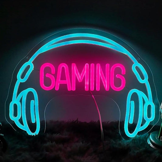Fun Bright Blue Headphones “Gaming” LED Light Game Room Wall Decor
