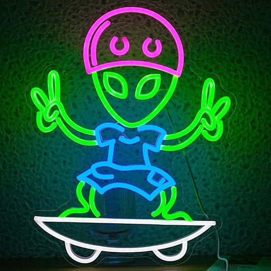 Fun Bright Alien Kid on Skateboard LED Night Light Room Wall Decoration