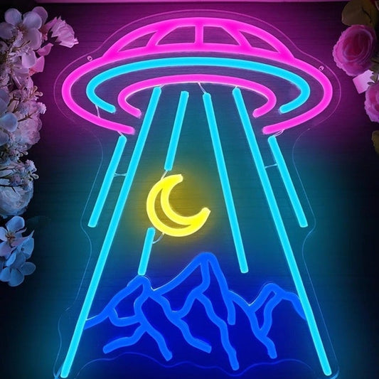 Lovely Bright Pink Alien Spaceship Crescent Moon LED Night Light Room Wall Decor