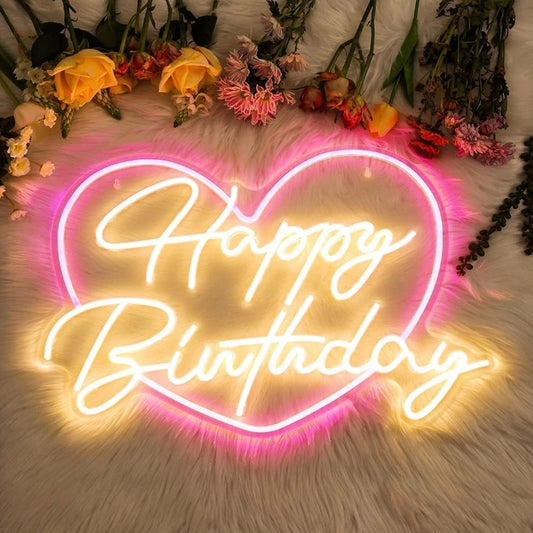 Lovely Bright Pink Heart Happy Birthday LED Light Celebration Decoration