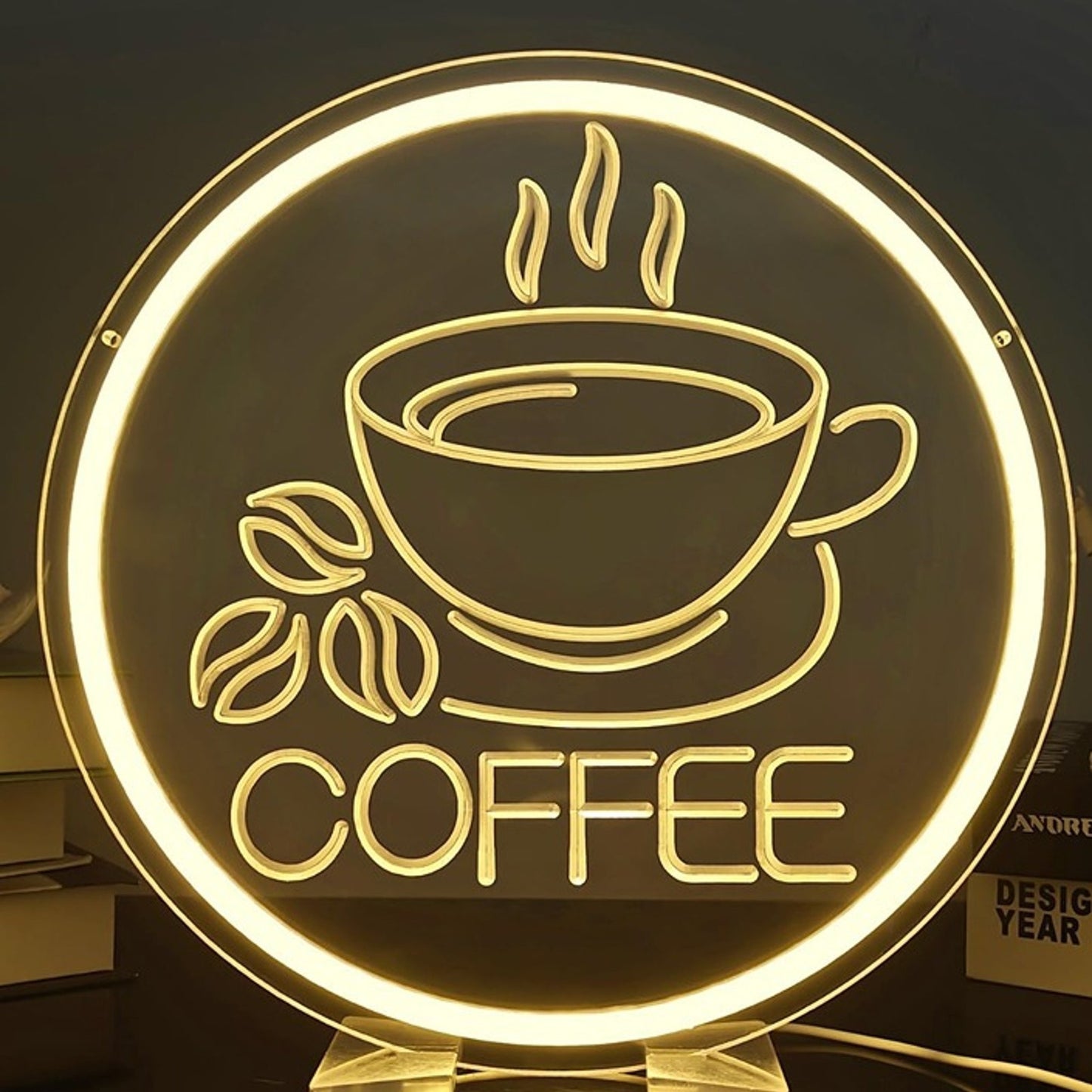 Lovely Warm Bright Circle Hot Coffee Sign LED Light Room Wall Decoration