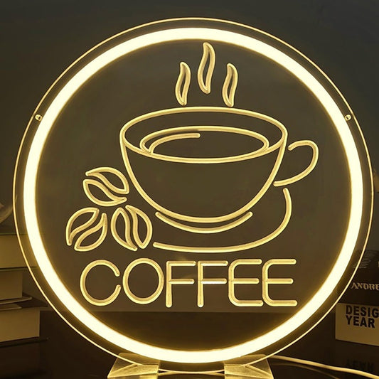 Lovely Warm Bright Circle Hot Coffee Sign LED Light Room Wall Decoration