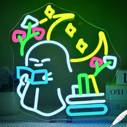 Lovely Bright Colorful Ghost Reading a Book Under Moon LED Light Room Wall Decor