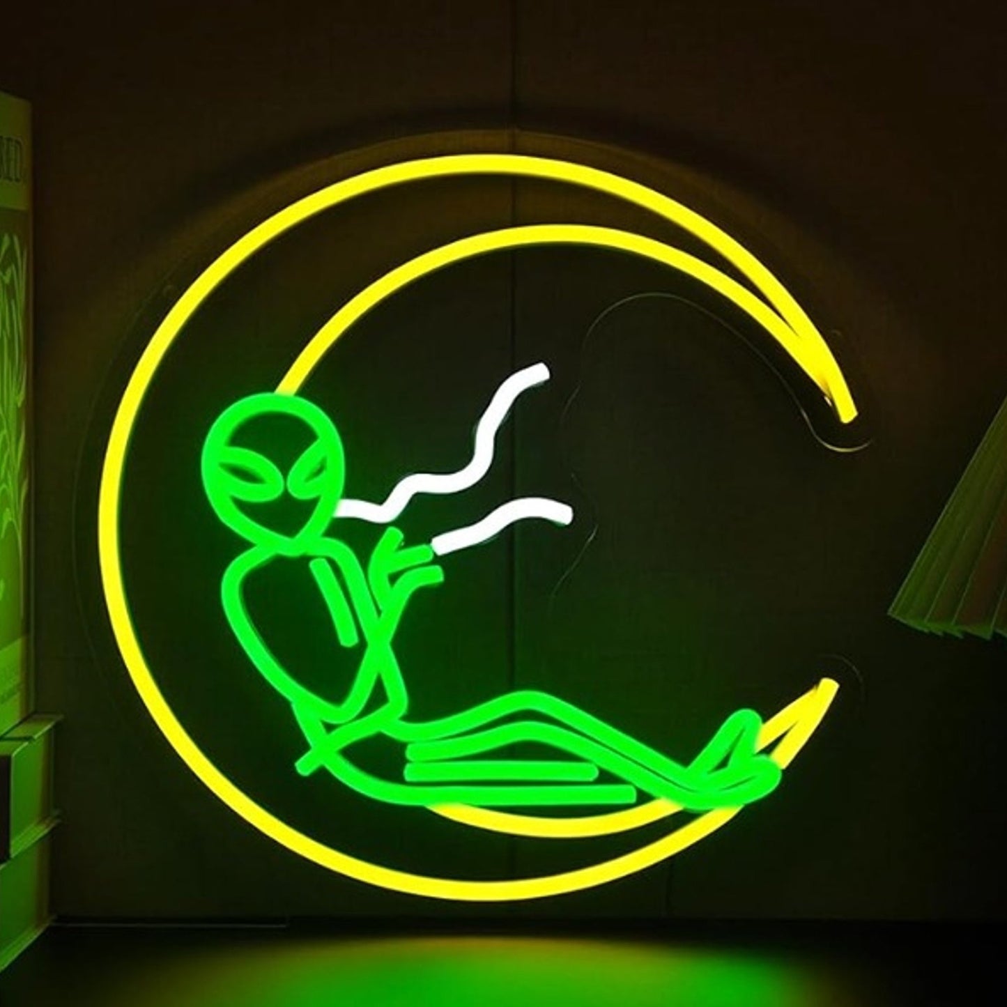 Fun Bright Green Alien Sitting on a Crescent Moon Night Light Room Wall Decor