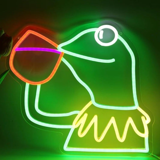 Fun Bright Green Kermit the Frog Sipping Tea Meme LED Night Light Room Decor