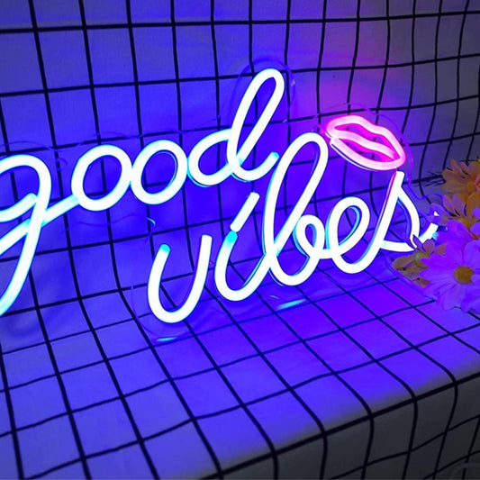 Lovely Bright Blue Good Vibes Kiss Lips LED Night Light Romantic Room Decoration