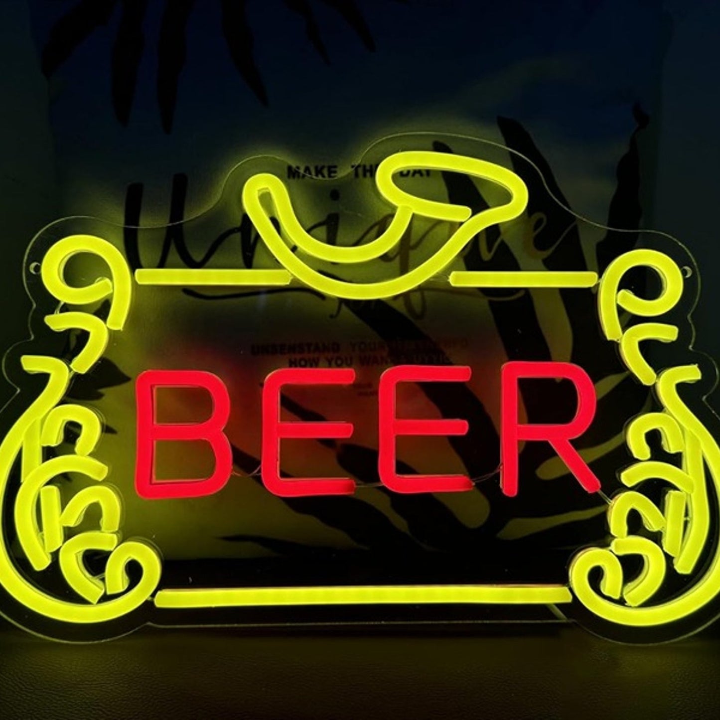 Vivid Bright Yellow Fancy Border “Beer” Sign LED Night Light Bar Wall Decoration