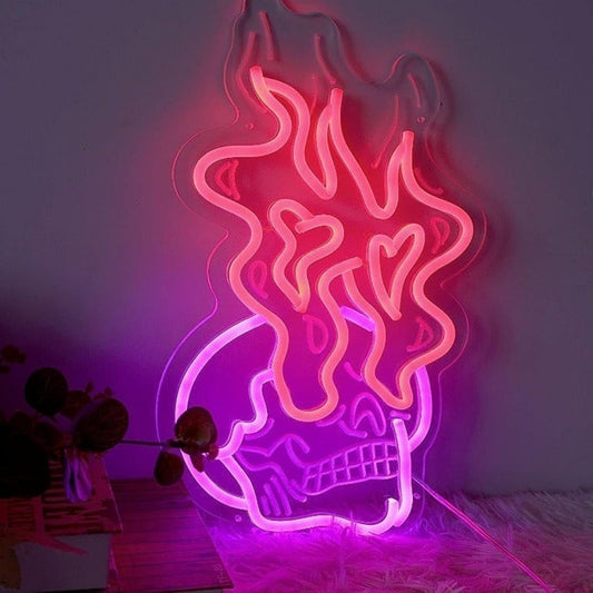 Skull Fire Neon Sign Flame Heart Shape LED Light for Wall Decor