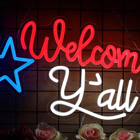 Fun Bright Red/White/Blue “Welcome Y’all” Star Night Light Texas Country Decor