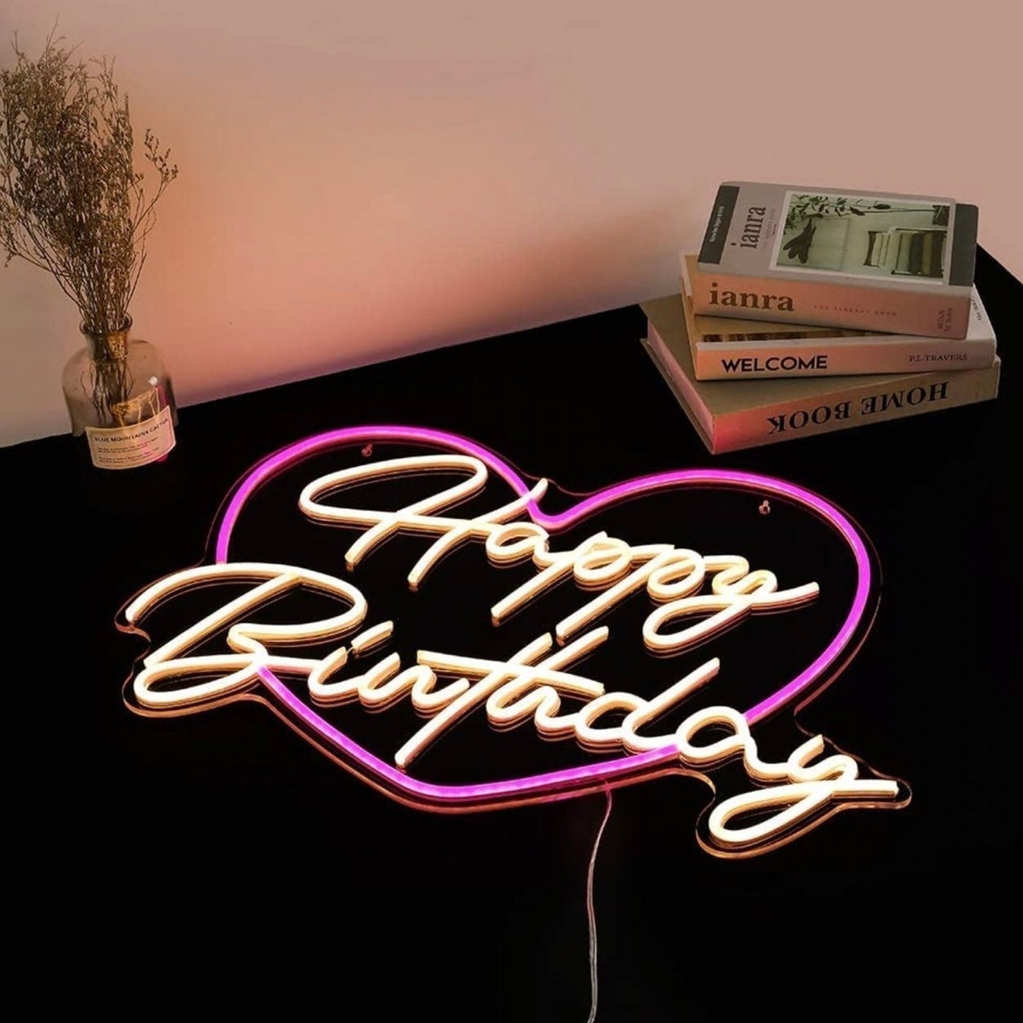 Lovely Bright Pink Heart Happy Birthday LED Light Celebration Decoration
