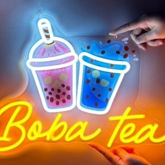 Vivid Bright Pink / Blue Tasty Boba Tea LED Night Light Shop Room Wall Decor