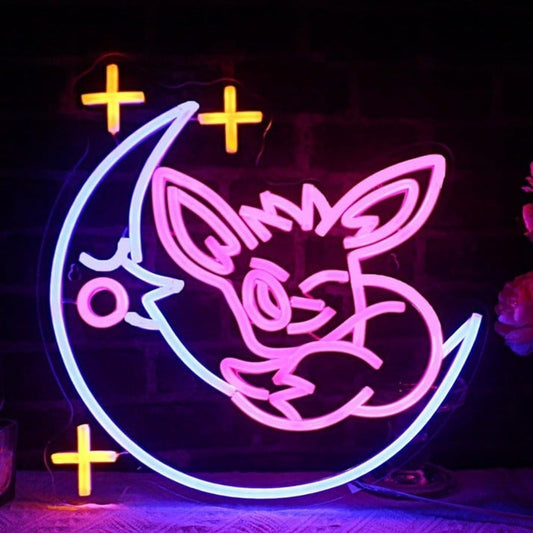 Cute Bright Baby Eevee on Sleeping Moon LED Night Light Pokemon Decor